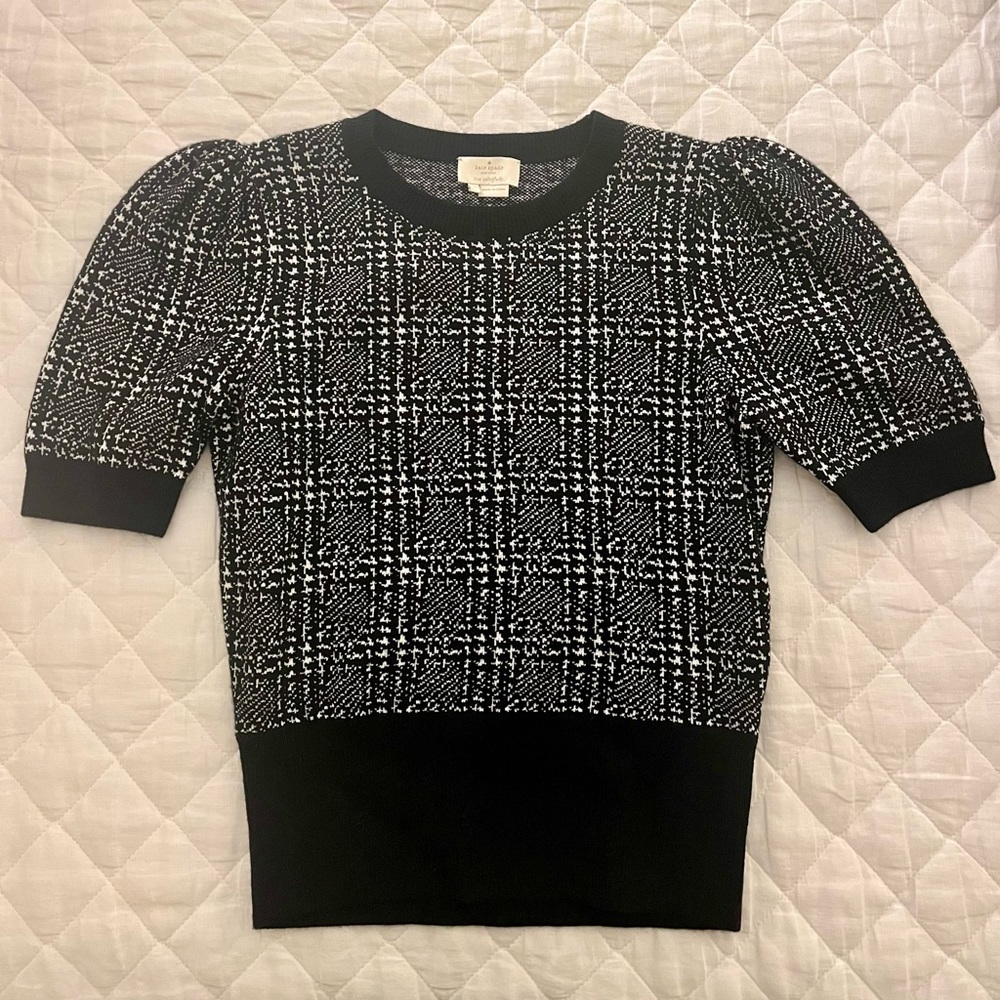 NWOT Kate Spade Black & White Plaid Puff Short Sleeve Sweater, XS